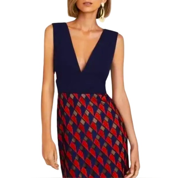 BCBG MaxAzria Rosalina Midi Dress Navy Red Geometric Size 4 NWT - Picture 5 of 9